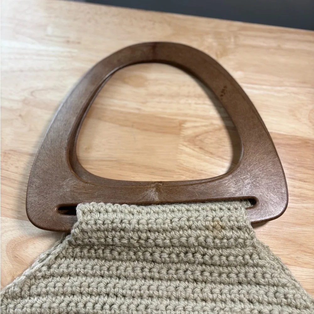 Neutral Beige Crochet Bag with Wood Handles & Balls Boho Cottagecore